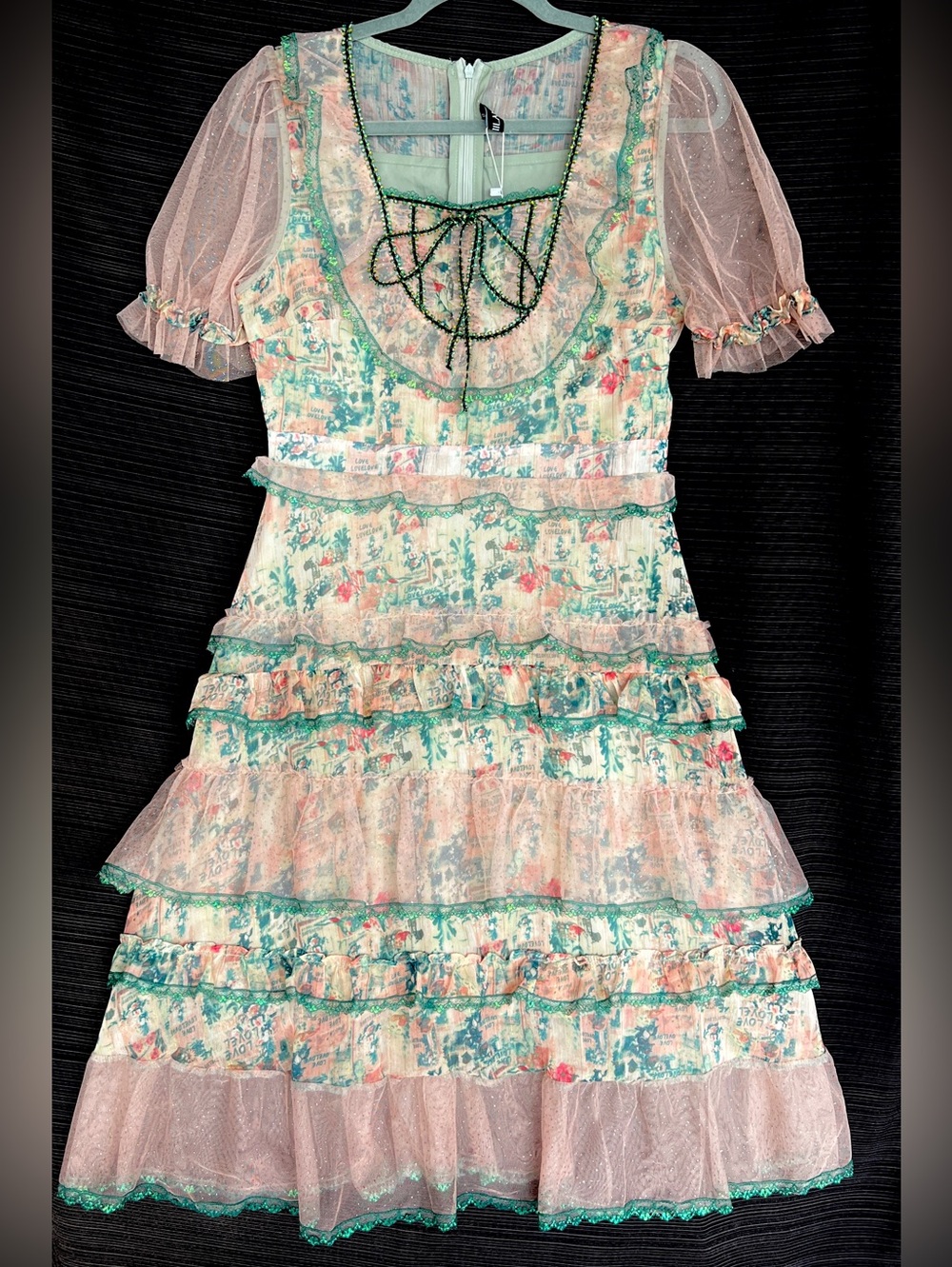 Kaimilan tiered mesh puff sleeve sparkly lurex midi dress pink green cream 8
